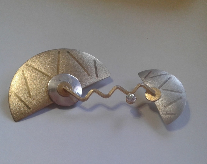 Sterling Silver Artist Signed Postmodern Geometric Brooch with Vermeil and Crystal, Marked Sterling