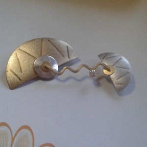 Sterling Silver Artist Signed Postmodern Geometric Brooch with Vermeil and Crystal, Marked Sterling