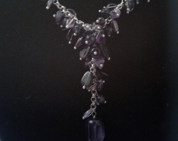Chunky Tumbled Amethyst, Silvertone Chain, and Pleather Vintage Grunge Y Necklace