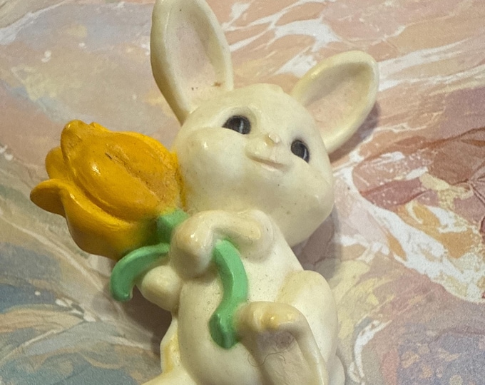 Hallmark Bunny with Yellow Tulip Molded and Painted Plastic Pin, Signed