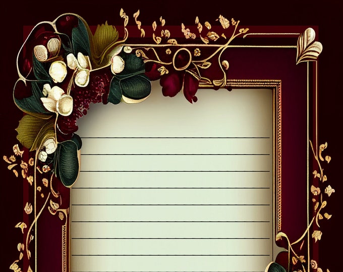 Victorian Floral Burgundy Framed Lined and Unlined Writing Papers--Instant Download