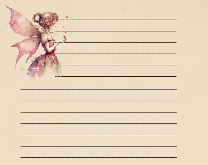 Valentine Fairy Stationery Set for Instant Download--Lined and Unlined Sheets. Print and Fold, and Bonus Envelope