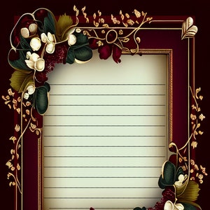 Carte da lettere vittoriane floreali bordeaux con cornice, foderate e sfoderate - Download istantaneo