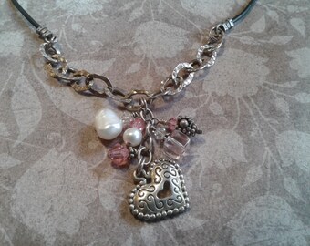 vintage 340210 stamped 925 M 925 silver pearl Pendant with leather chain 15+2 Sterling silver handmade necklace
