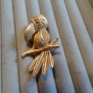 Brushed Goldtone Toucan with Expressive Blue and Clear Rhinestone Eyes Brooch