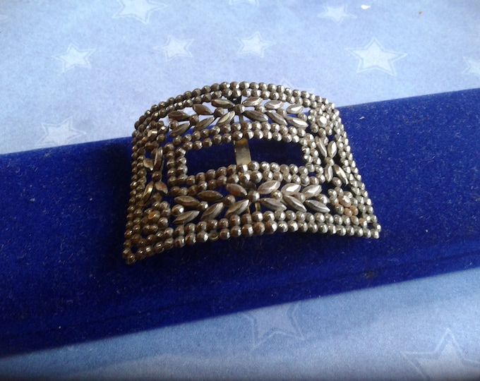 Victorian French Cut  Steel Floral Belt Buckle, Marked MG France