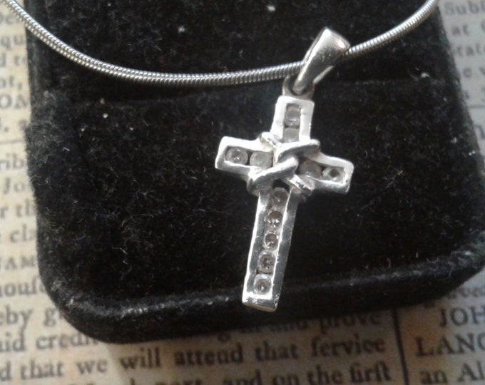 Sterling Silver and Cubic Zirconia Cross Pendant Necklace on Snake Chain, 925