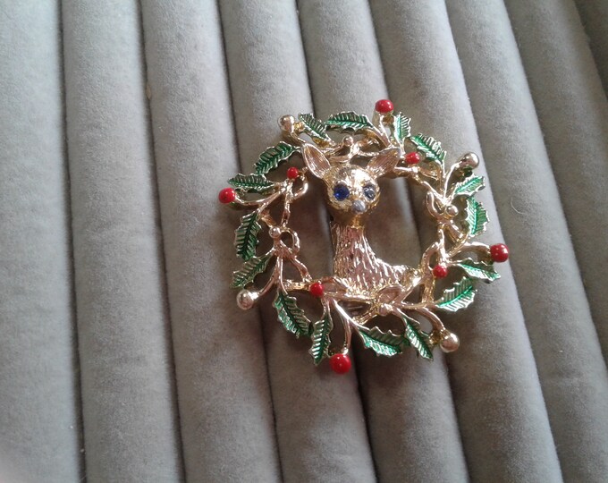 Gerrys Blue Eyed Reindeer in Christmas Wreath Brooch, Signed