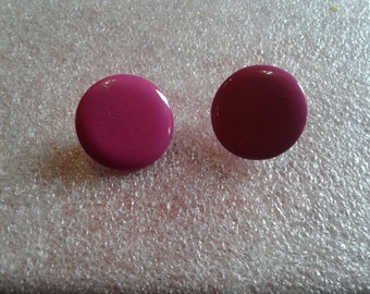 Hot Pink Clip On Button Earrings, Flat Painted Metal, Small Rounded Plastic, Iridescent Painted Metal, Sold Separately