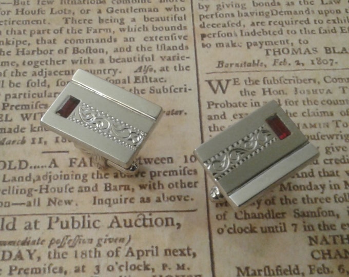 Beautiful Speidel Late MidCentury Cufflinks in Brushed and Bright Silvertone with Red Baguettes and Incised Design, Signed