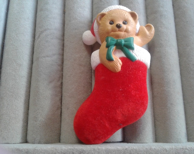 Hallmark Teddy Bear with Santa Hat and Green Bow in Flocked Christmas Stocking, Signed