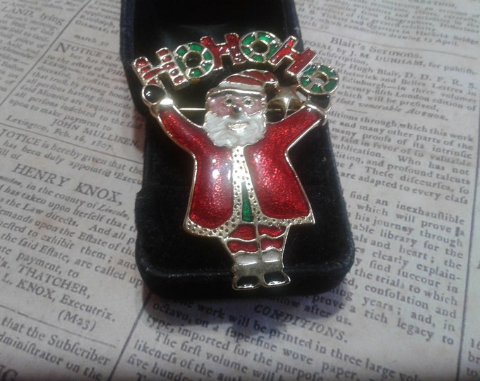 Ho Ho Ho Red and Green Enamel on Goldtone Santa Pin