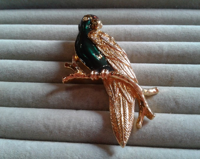 Avon Green and Purple Enameled Parrot Pin with Rhinestones, Signed