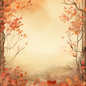 May include: A watercolor painting of a forest scene with a light orange background. The trees are bare and the leaves are a deep red color. The leaves are scattered on the ground.