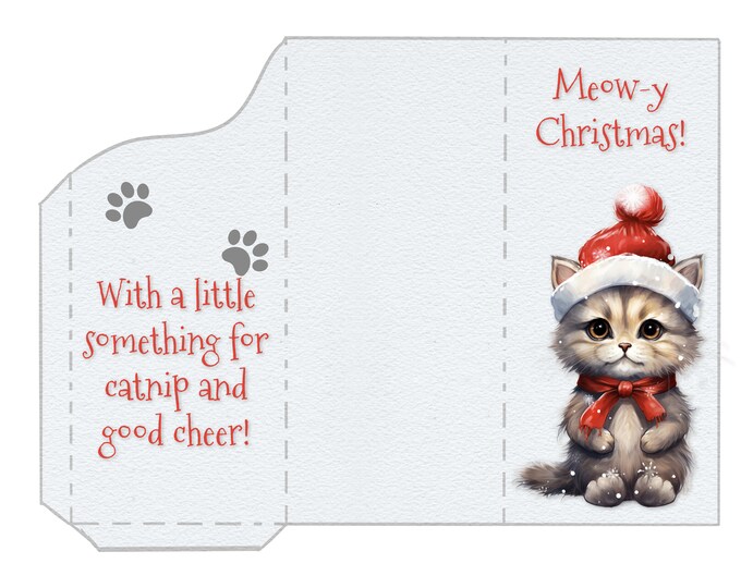 Humorous Cat Print and Fold Money Holder Christmas Greeting Card Instant Download
