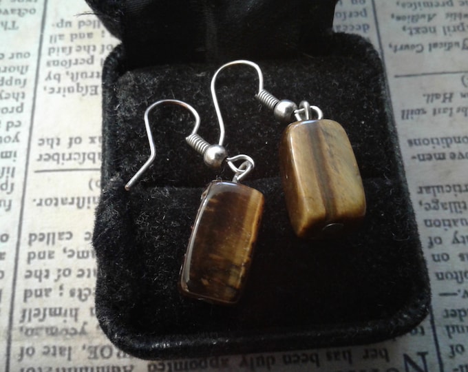 Vintage Tigerseye Rectangular Dangle Earrings on Fish Hook Backs