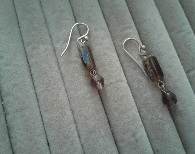 Sterling Silver and Amethyst Glass Grunge Drop Earrings, 925