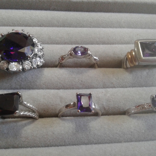 Selection of Silvertone with Purple Crystal and Cubic Zirconia Solitaire Statement Rings, Your Choice