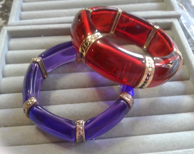 Pair of Vintage Clear Lucite Stretch Bracelets in Red and Purple with Rhinestones