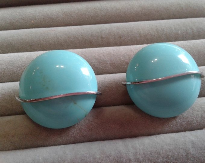Coro Robin's Egg Blue and Silvertone Space Age Saturn Button Earrings, Signed