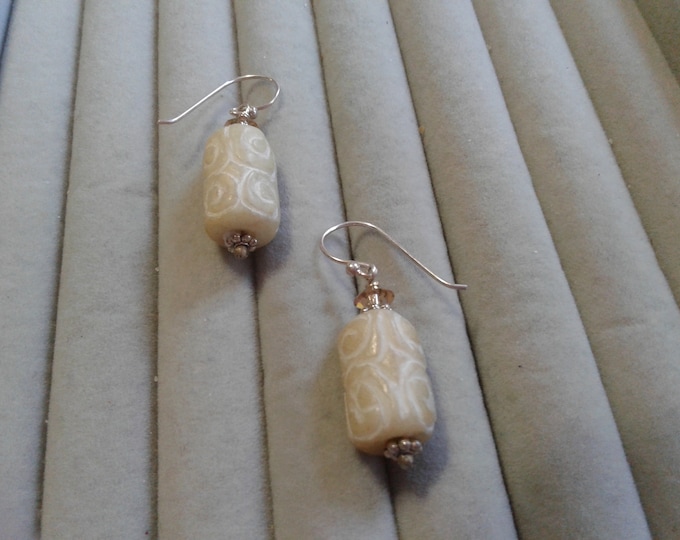 Sterling Silver. Carved Stone Cylinder, and Yellow Bicone Crystal Grunge Drop Earrings
