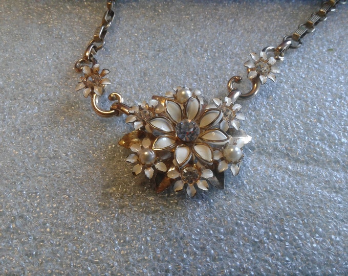 Enamel, Rhinestone, and Faux Pearl Goldtone Floral and Flat Link Necklace