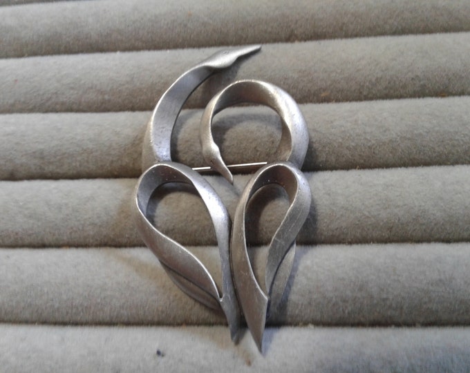 JJ Pewter Abstract Two Swans Brooch, Signed