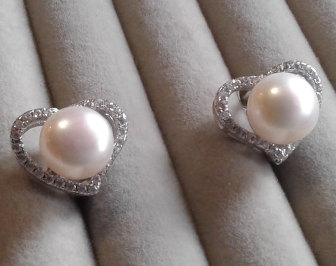 Freshwater Pearl, Sterling Silver, and Cubic Zirconia Open Heart Earrings, 925 EJ