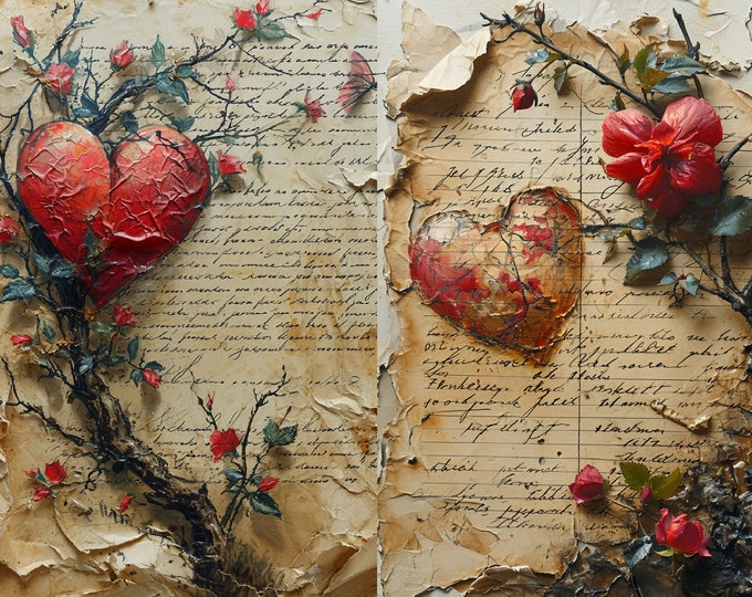 True Hearts Collage Background/Junk Journal Pages to Print at Home, 10 Designs. 5 Sheets