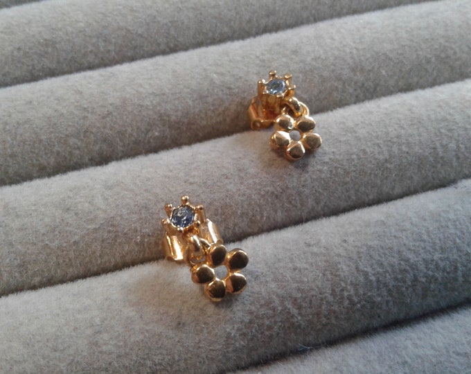 Avon Small Blue and Gold Floral Stud Earrings, Signed Ear Nuts