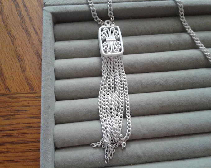 Monet White Chain and Tassel Necklace, Rectangular Filigree, Signed