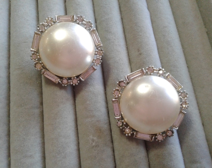 Richelieu Oversized Faux Pearl Buttons with Round and Baguette Rhinestones, Silvertone, Signed