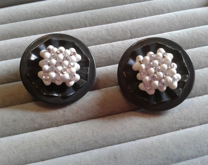 Graphic Black and White Plastic with Rhinestones Disc Clip On Earrings