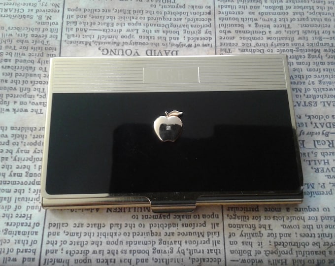 Colibri Vintage Card Case in Goldtone with Black Enamel and Apple Motif with Small Diamond, Monogrammed USH
