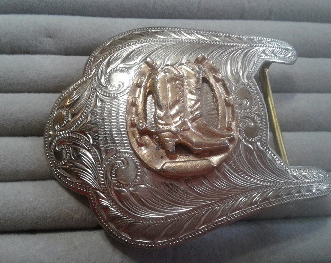 Nickel Silver Belt Buckle with Goldtone Cowboy Boots over Horseshoe Decoration, Marked