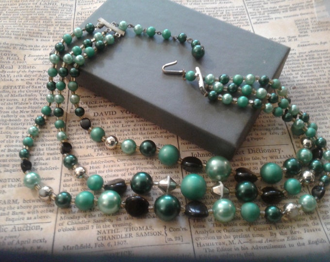 Midcentury Beaded Graduated Triple Strand in Green, Black, and Goldtone, Marked Japan