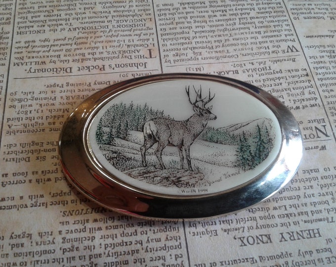 Cultured Stone Etched Deer Buck Belt Buckle, Marked Wo-Di 1998, Signed Janet Vancil, Made in USA