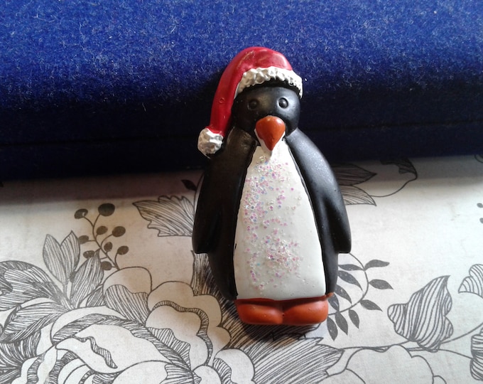 Cast Composition Penguin in a Santa Hat with Glitter Accent Pin Brooch