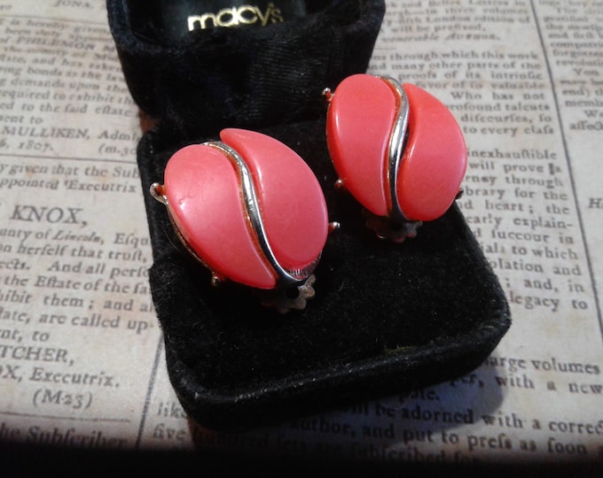 Dayglo Red-Orange Thermoset Plastic and Goldtone Clip On Earrings