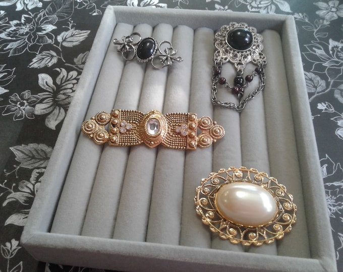 Selection of Gold and Silver Tone Victorian Revival Brooches with Rhinestone and Faux Pearls, Your Choice, Only Six Dollars Each