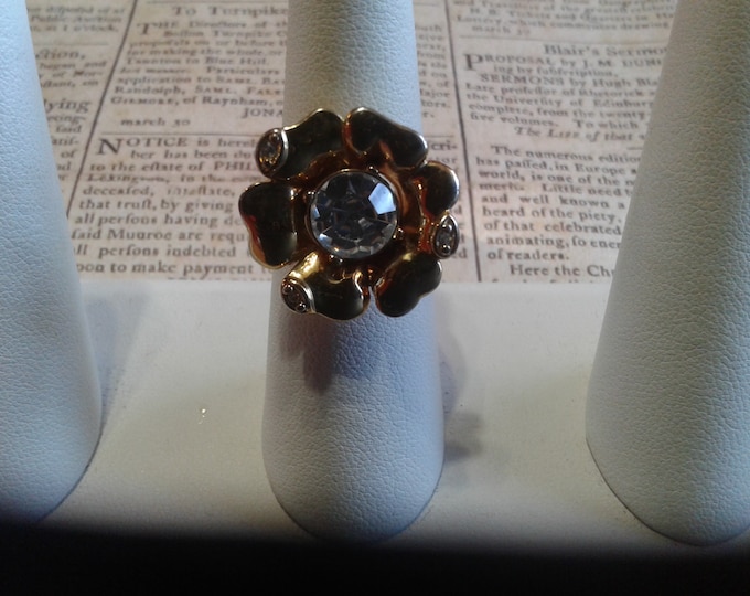 Goldtone and Crystal Floral Statement Ring, Size 7