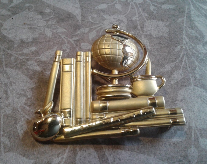 Large Matte and Shiny Goldtone Teacer Pin Brooch with Books, Globe, Apple, and Pen in a Cup