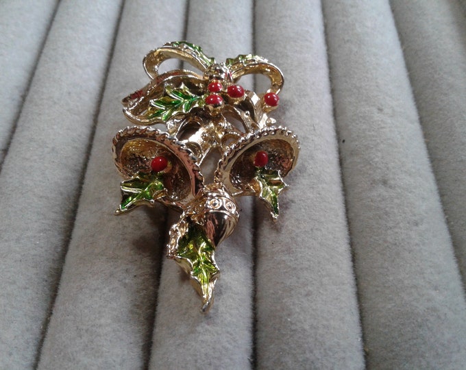 1987 Steven ? Reproduction Midcentury Christmas Bells Brooch, Signed and Dated