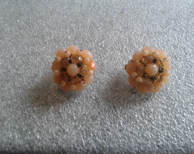 Peach Plastic Beaded Floral Cluster Clip Ons, Two Styles Available, One Marked Hong Kong
