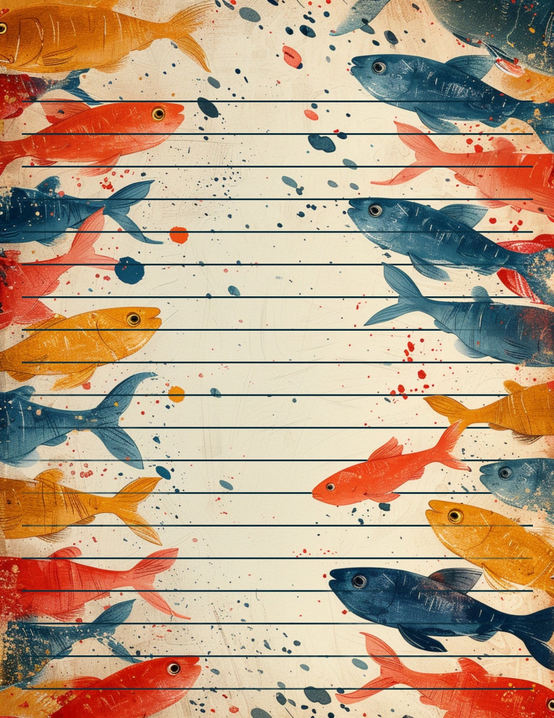 Fish Line Paper Gold Fish, Blue Fish Lined and Unlined Instant Download Stationery Set ...