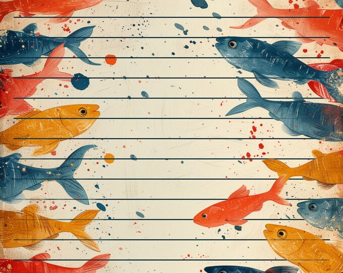 Gold Fish, Blue Fish Lined and Unlined Instant Download Stationery Set