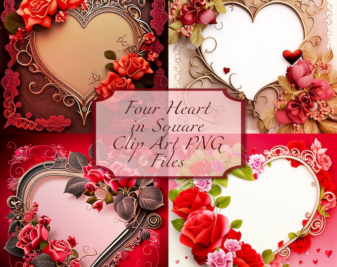 Four Heart in Square Valentine's Graphics Clip Art--PNG Files--Commercial Use