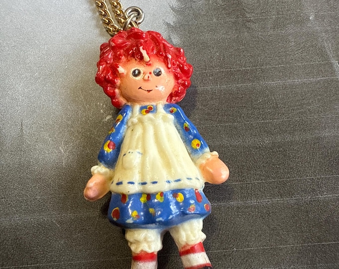 1974 Raggedy Ann Molded and Painted Plastic Pendant on Chain, Signed Bobbs Merrill