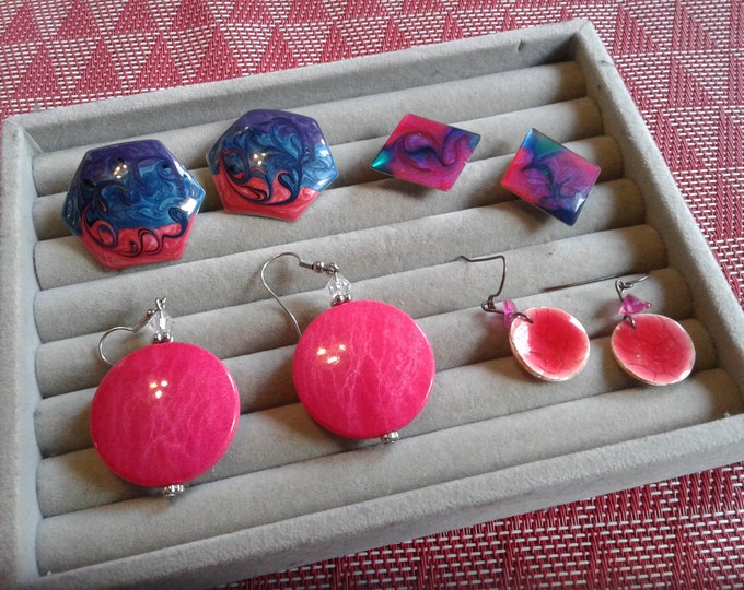 Four Pairs of Primarily Hot Pink Eighties Vintage Pierced Earrings