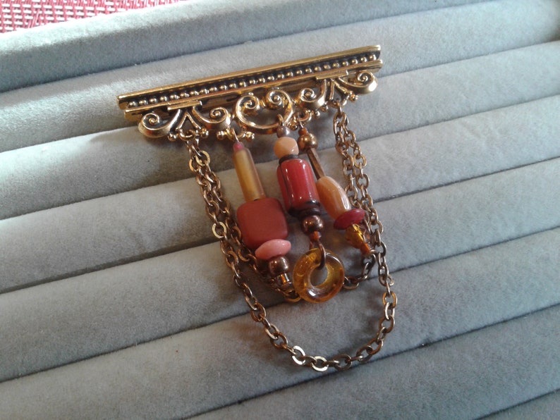 Architectural Style Goldtone Bar Brooch with Chain and Art Glass Bead Dangles image 1